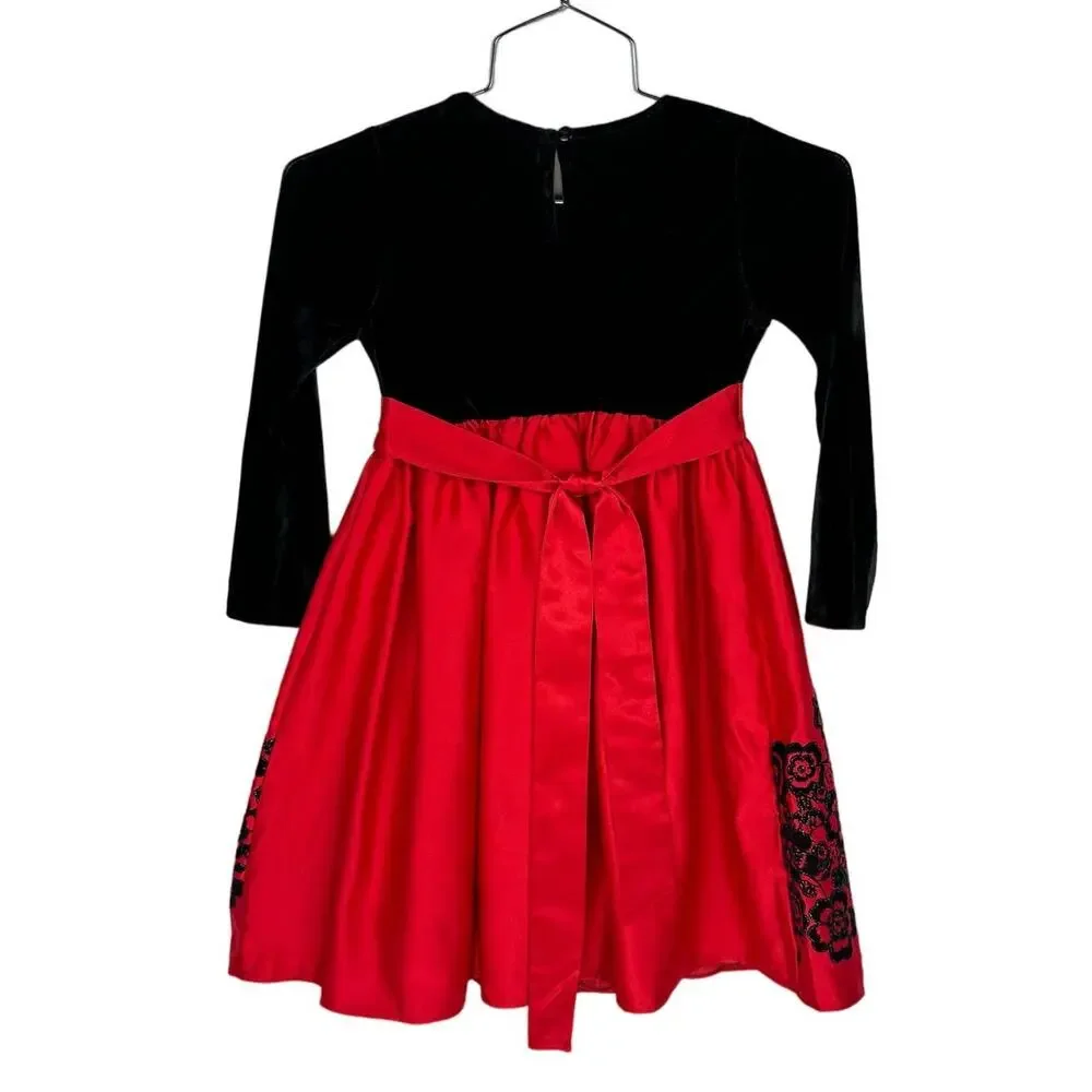 RARE EDITIONS |‎ Black Velvet Baby Doll Red Satin Floral Glitter Dress | Kid's 5